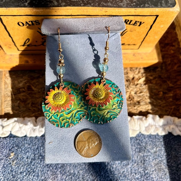 Boho Hand Painted Patina Sunflower Earrings - Bohemian Boho Earrings - OOAK - Picture 5 of 9